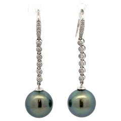 Diamond Bezel Tahitian Drop Dangle Earrings 0.34 Carats 11-12 MM 18KT White Gold