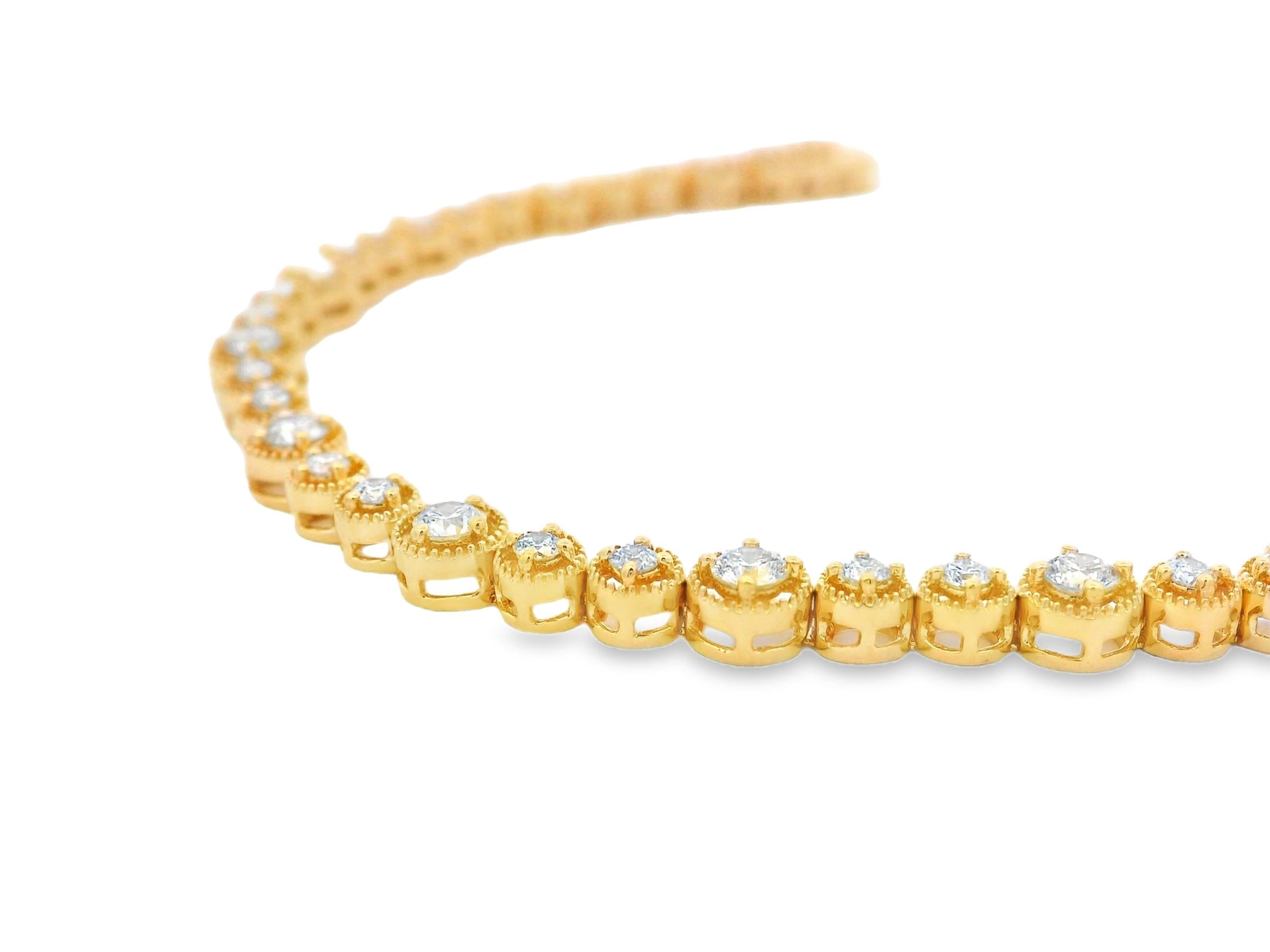 Pulsera de Tenis con Bisel de Diamantes en Oro Amarillo de 14 K 7 Pulgadas Corte redondo en venta