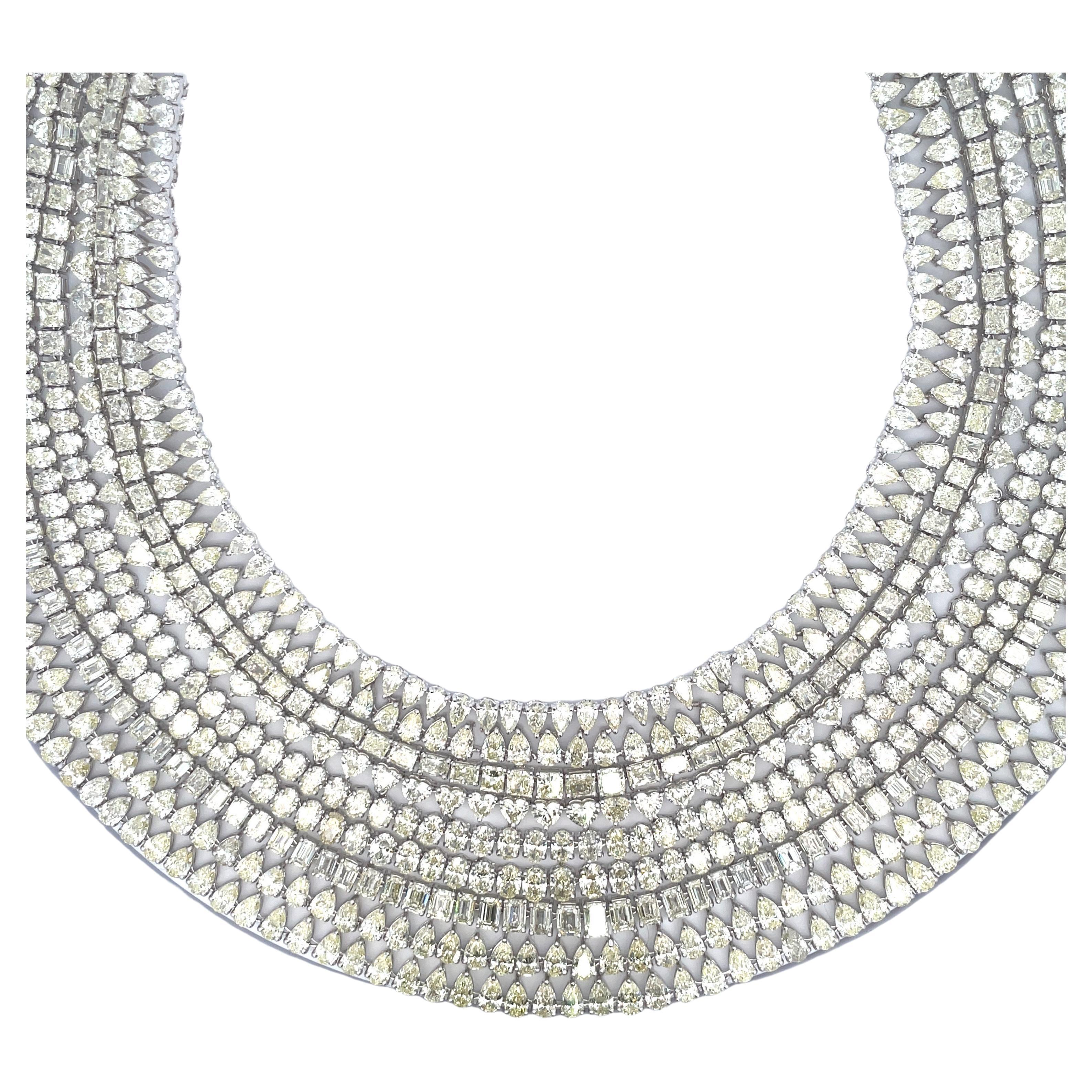Emerald Cut Diamond Bib Extra Large Cluster Necklace 265 Carats 18 Karat White Gold