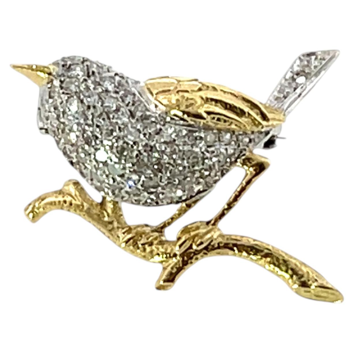 Diamond Bird Brooch Pin – 18ct Yellow & White Gold, 0.50ct Natural Diamonds