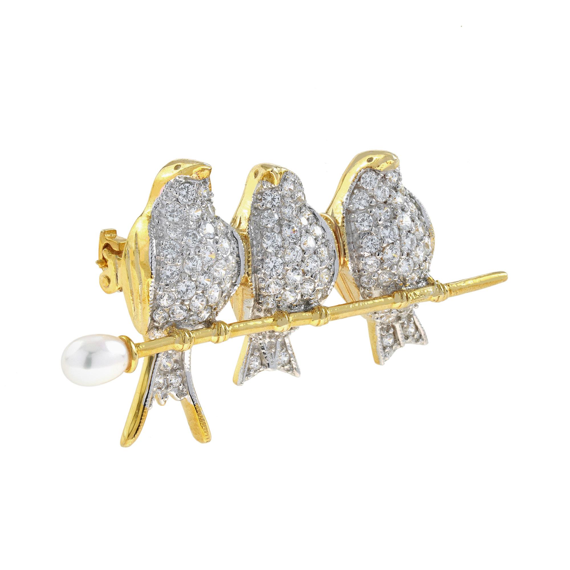 Edwardian Diamond Birds on a Pearl Branch Vintage Style Brooch in 18K Two Tone Gold For Sale