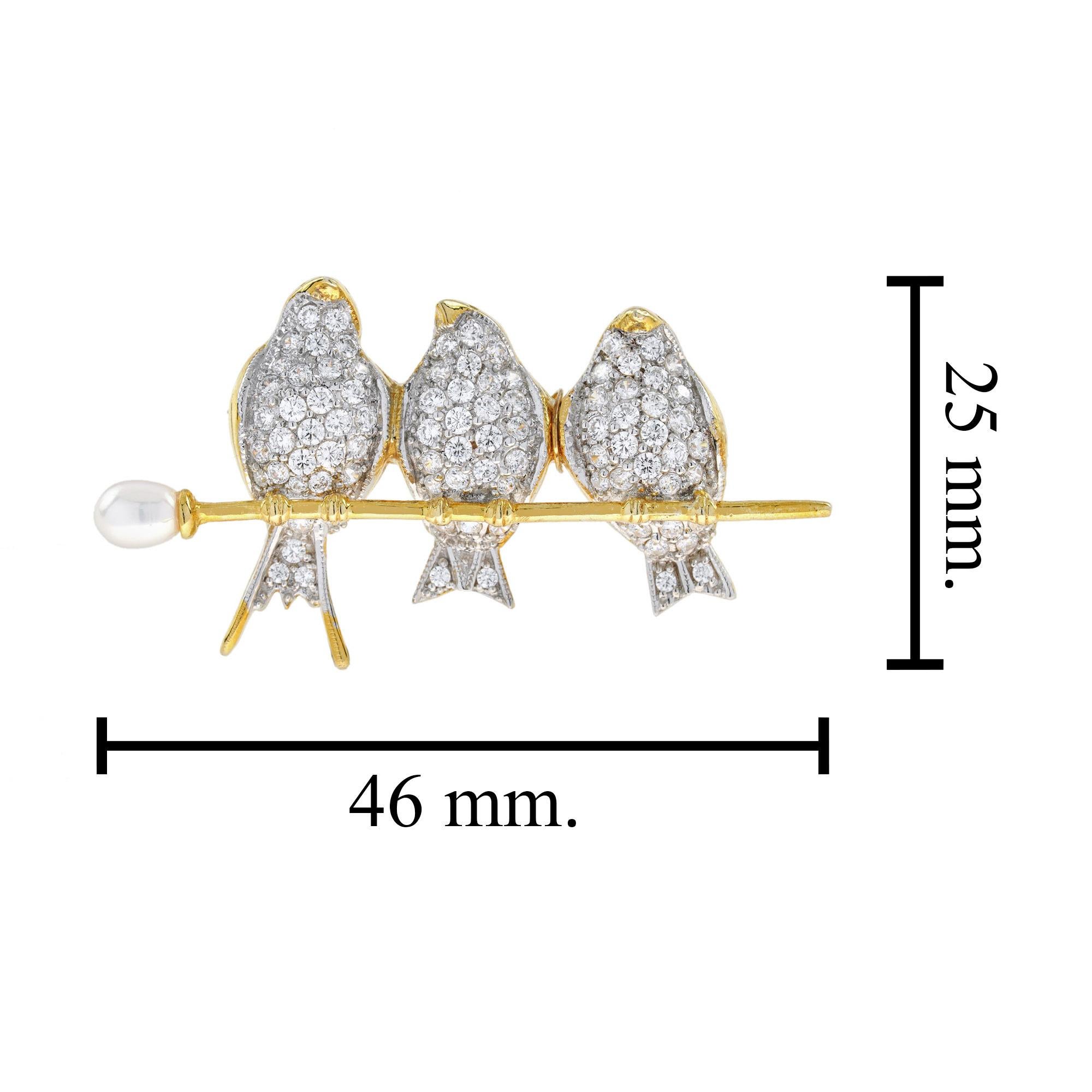 Women's Diamond Birds on a Pearl Branch Vintage Style Brooch in 18K Two Tone Gold For Sale