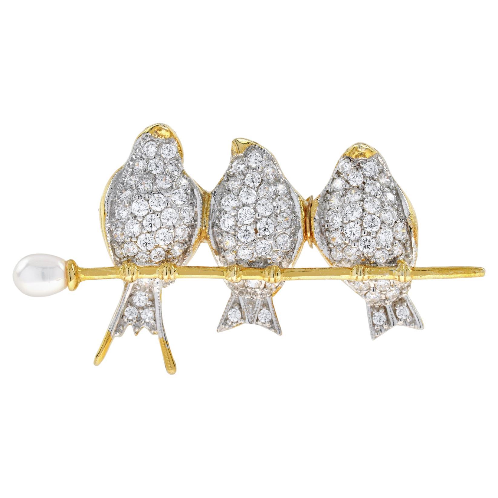 Diamond Birds on a Pearl Branch Vintage Style Brooch in 18K Two Tone Gold For Sale