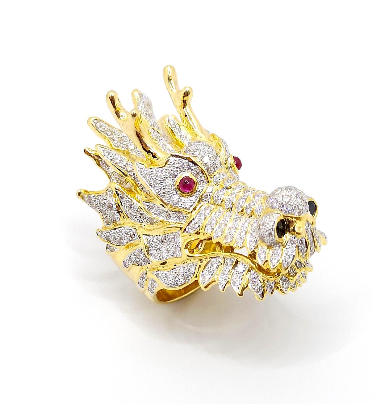 Diamond, Black Diamond and Diamond Dragon Ring set in 18K Gold Settings For Sale 7