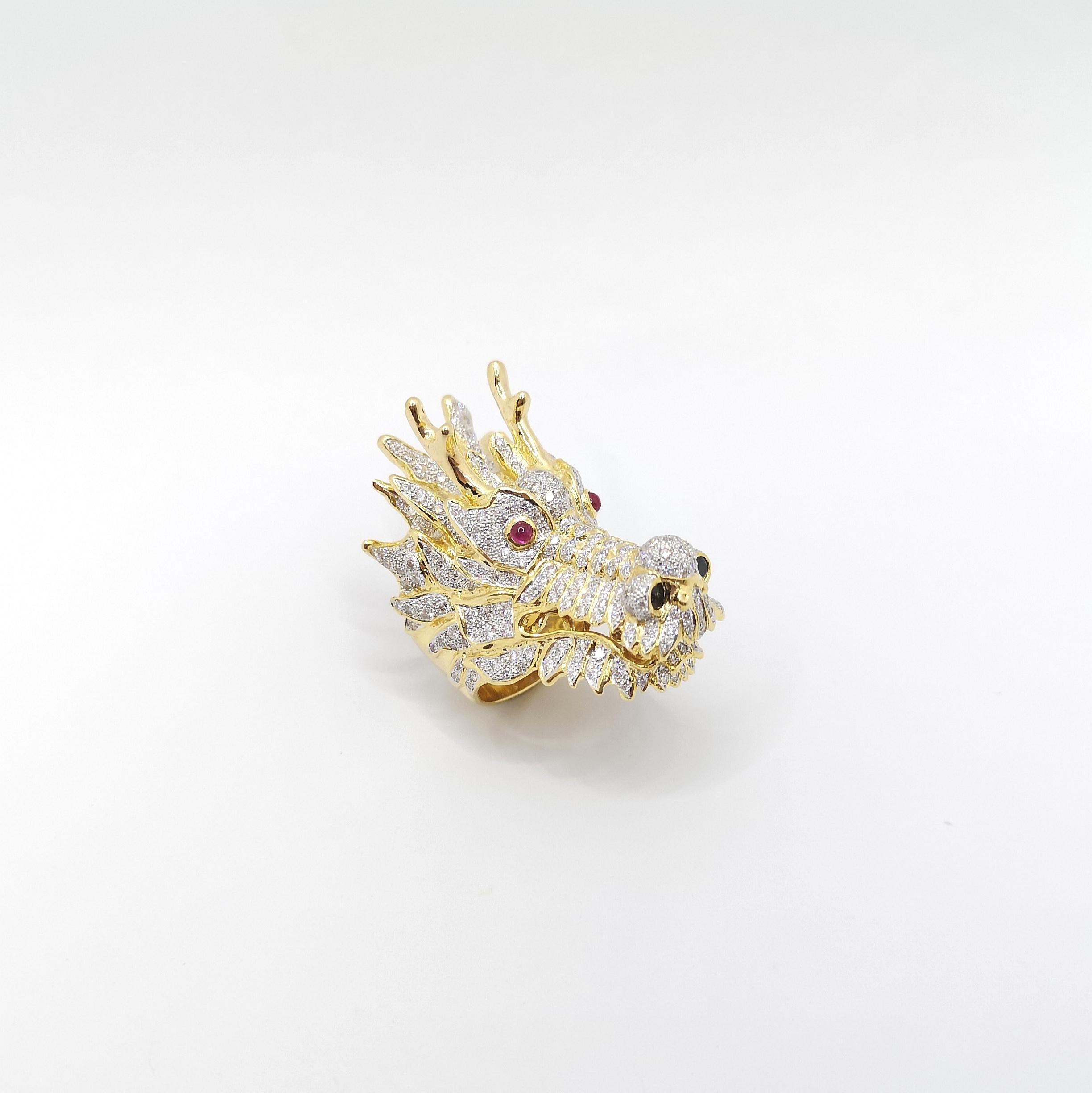 Diamond, Black Diamond and Diamond Dragon Ring set in 18K Gold Settings For Sale 8