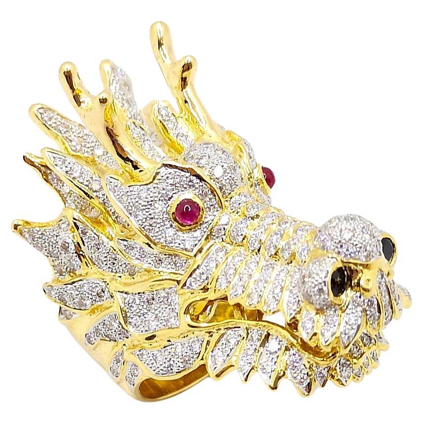 Diamond, Black Diamond and Diamond Dragon Ring set in 18K Gold Settings For Sale