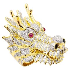 Diamond, Black Diamond and Diamond Dragon Ring set in 18K Gold Settings