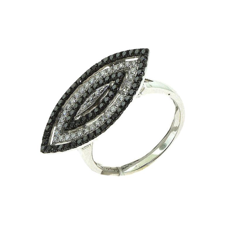  Diamond and Black Diamond White Gold Marquise Shaped Ring For Sale