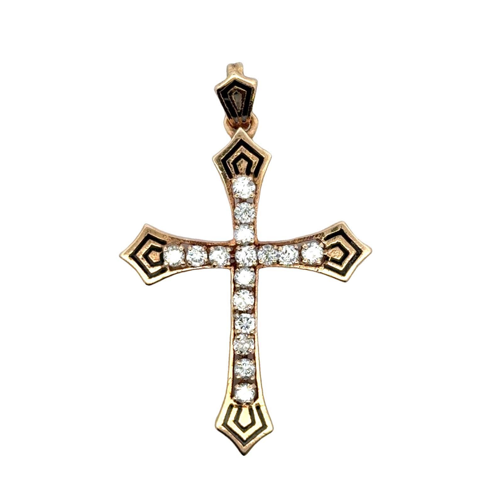 Modern Diamond Black Enamel 14 Karat Yellow Gold Vintage Cross Pendant Necklace