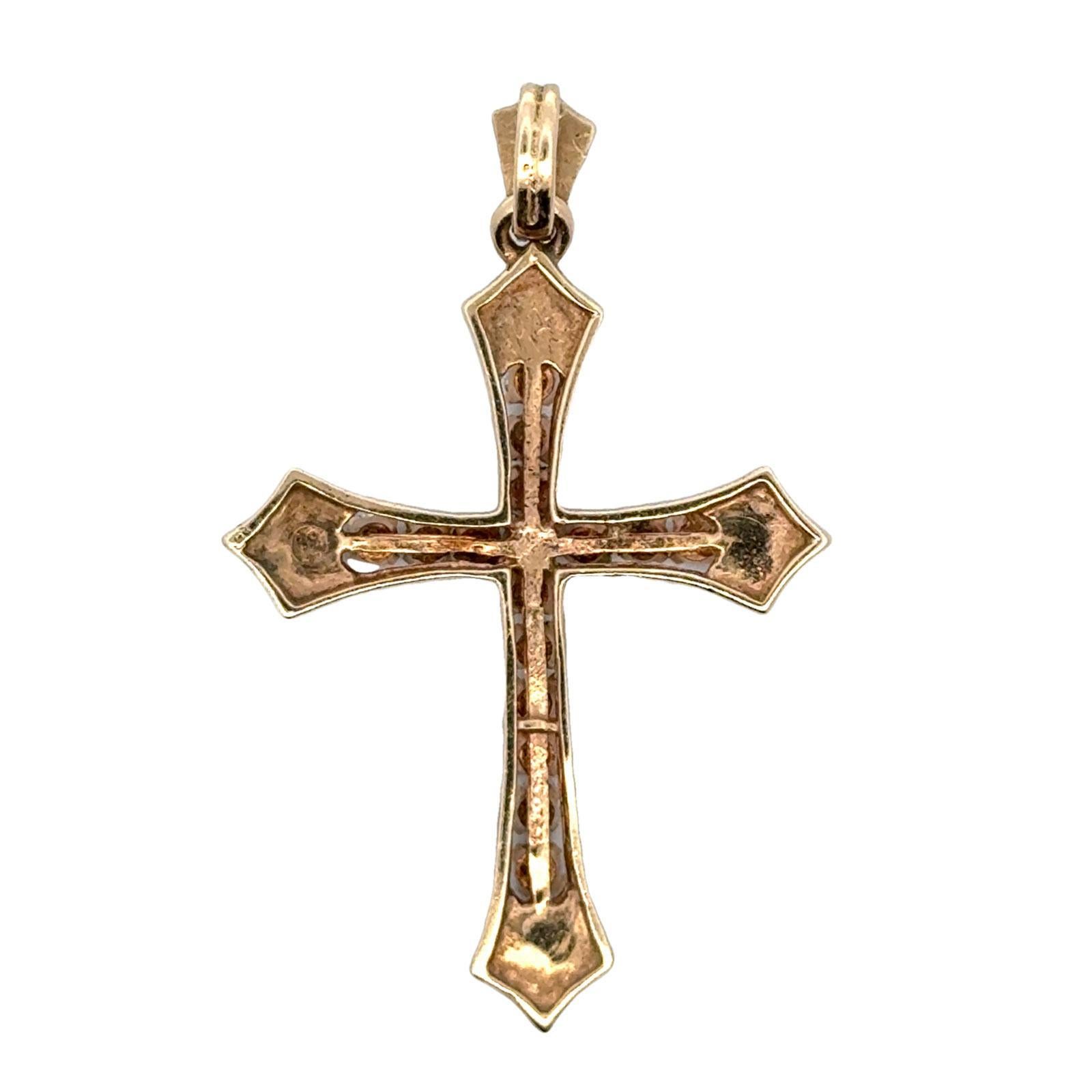 Round Cut Diamond Black Enamel 14 Karat Yellow Gold Vintage Cross Pendant Necklace
