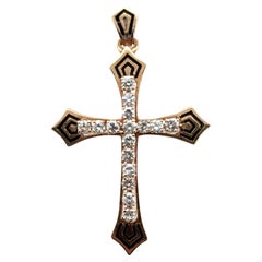 Diamond Black Enamel 14 Karat Yellow Gold Vintage Cross Pendant Necklace
