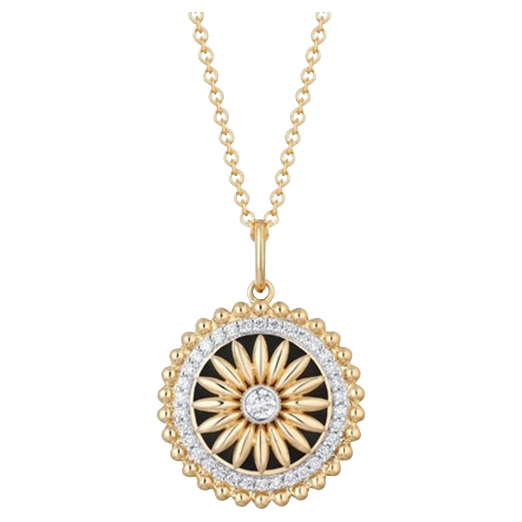 Diamond Black Enamel 14K (or 18k request) Yellow Gold Sunburst Pendant Necklace