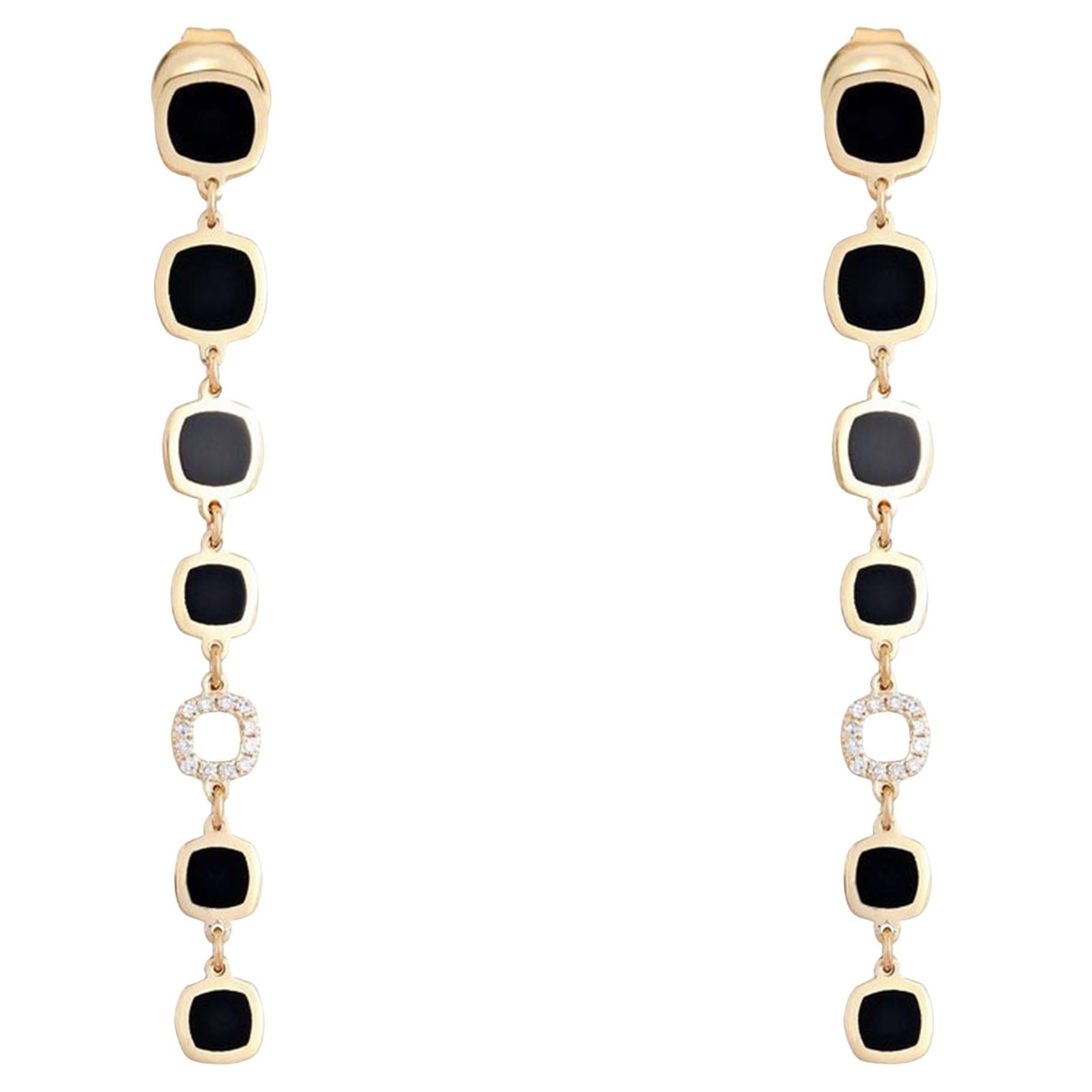 Diamond Black Enamel 14K (or 18k upon request) Yellow Gold Drop Earrings For Sale