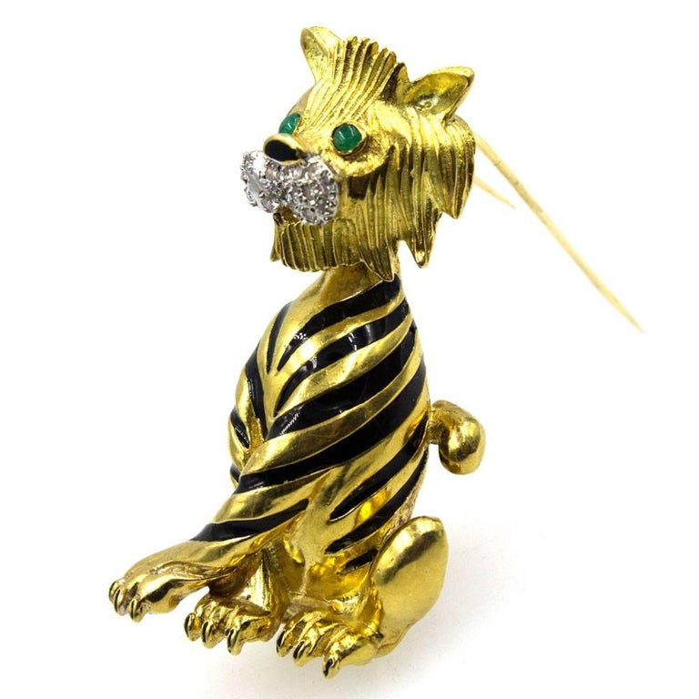 Diamond Black Enamel 18 Karat Yellow Gold Tiger Pin Brooch For Sale at ...