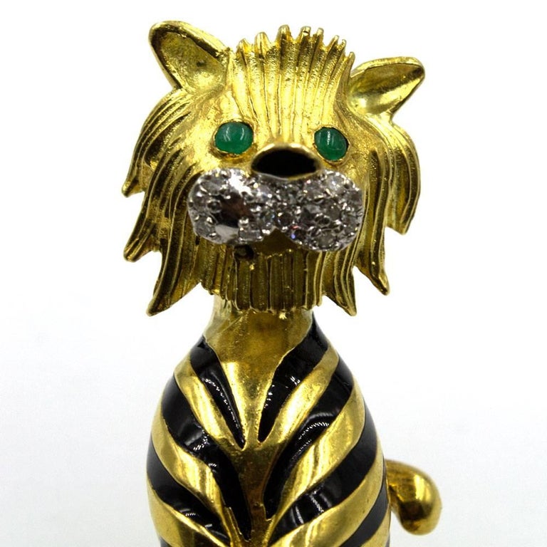 Diamond Black Enamel 18 Karat Yellow Gold Tiger Pin Brooch For Sale at ...
