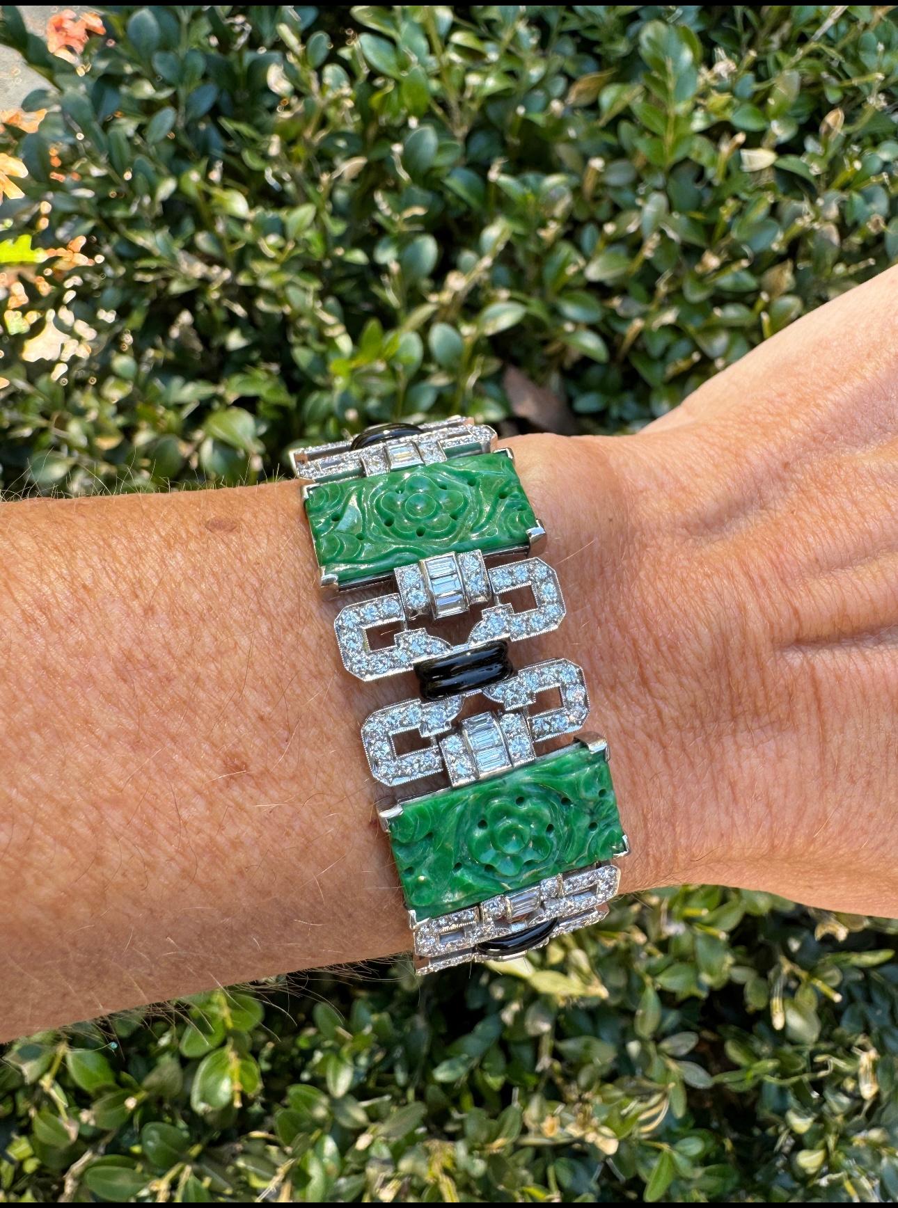 Mixed Cut Diamond, Black Enamel and Jade Art Deco Platinum Bracelet