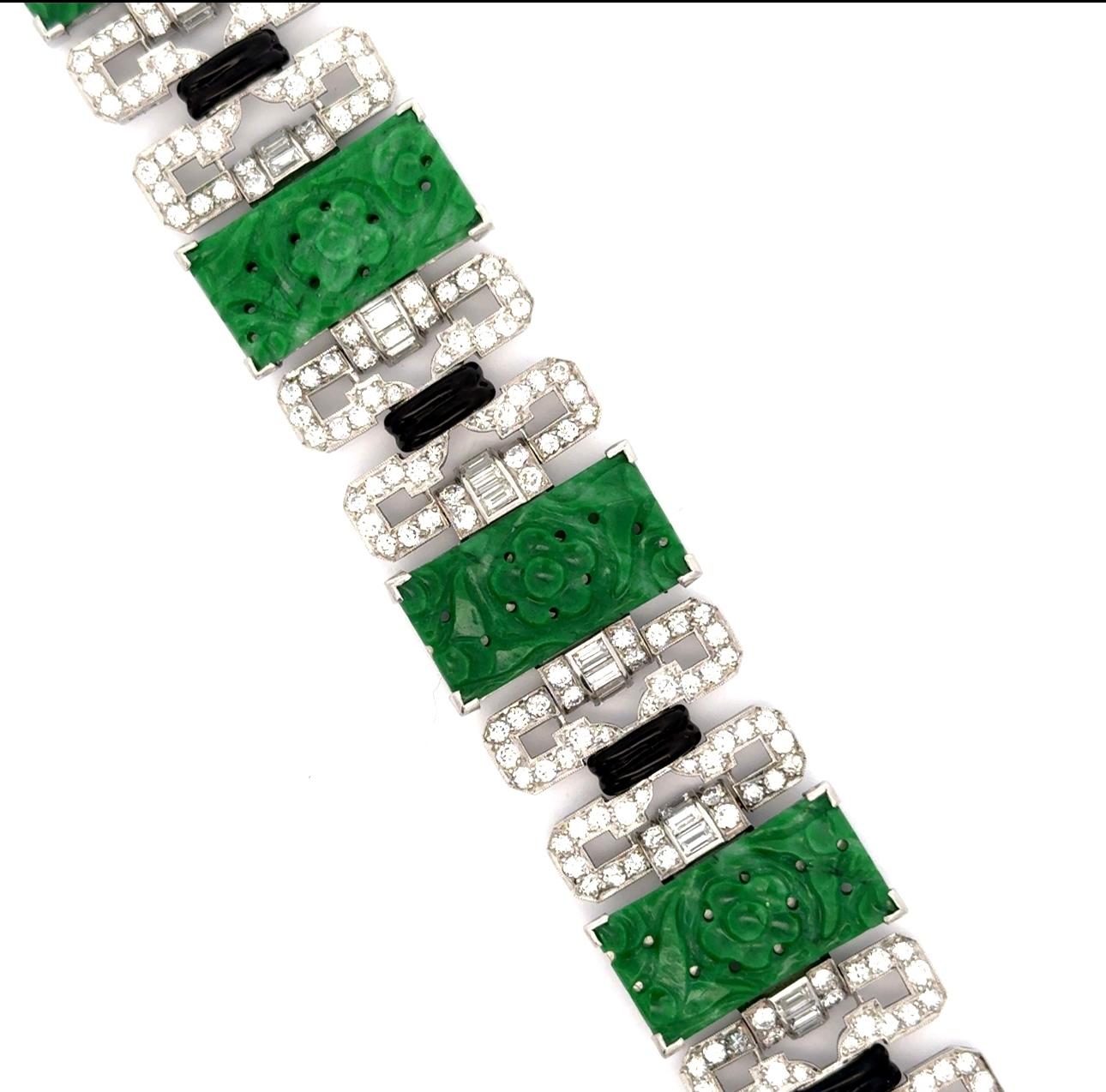 Diamond, Black Enamel and Jade Art Deco Platinum Bracelet In Good Condition In Derby, NY
