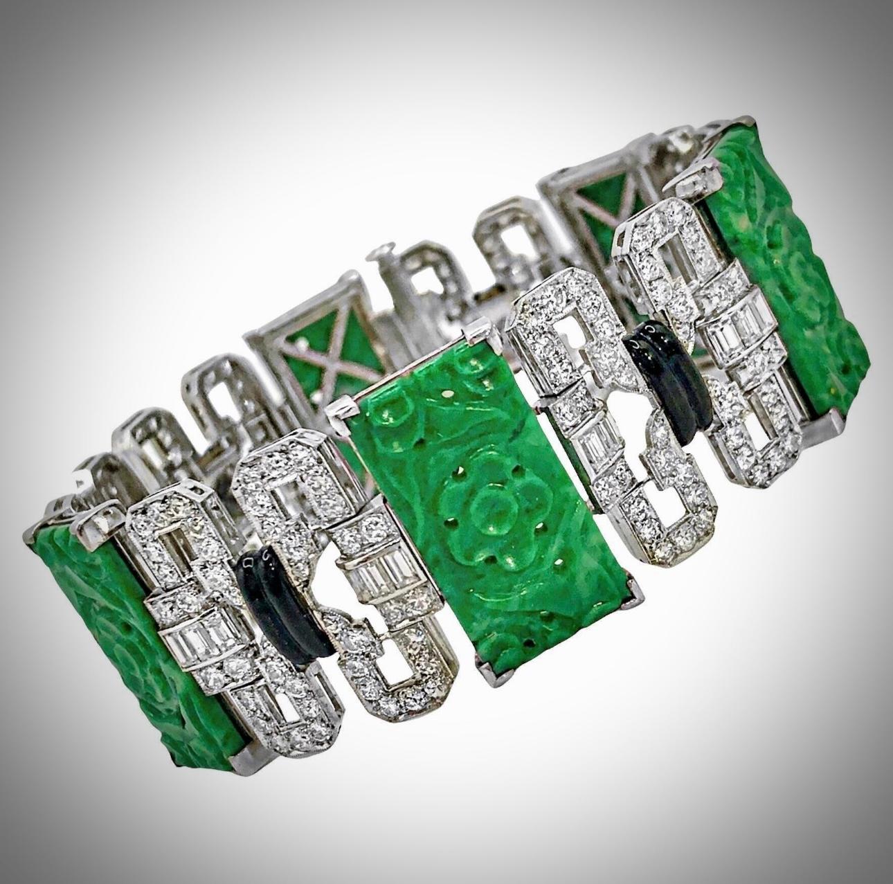 Women's Diamond, Black Enamel and Jade Art Deco Platinum Bracelet