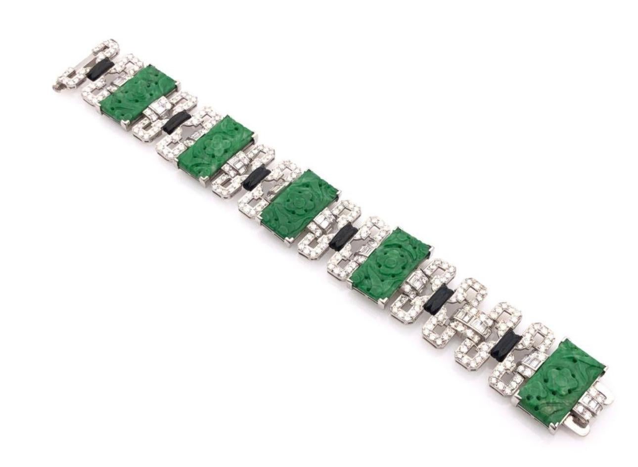 Diamond, Black Enamel and Jade Art Deco Platinum Bracelet 1