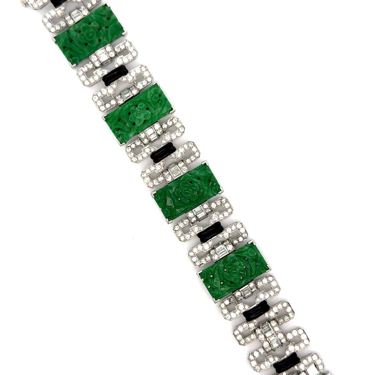 Diamond, Black Enamel and Jade Art Deco Platinum Bracelet 2