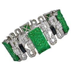 Diamond, Black Enamel and Jade Art Deco Platinum Bracelet