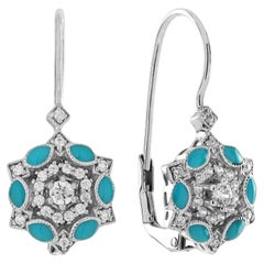 Pendientes de gota de oro blanco de 14 quilates con diamantes y esmalte negro estilo Art Déco Flor Floral