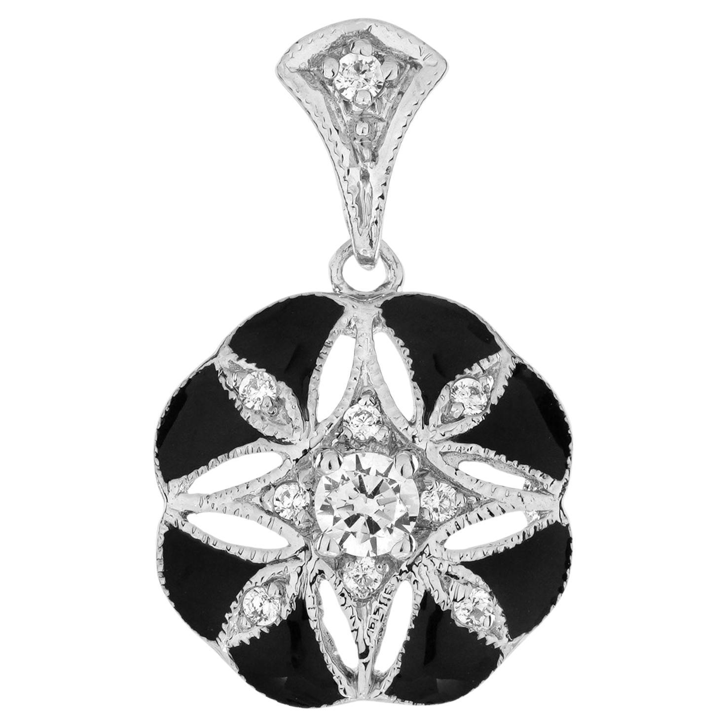 Pendentif en or blanc 14K avec diamant et émail noir, style Art Déco, fleur florale en vente