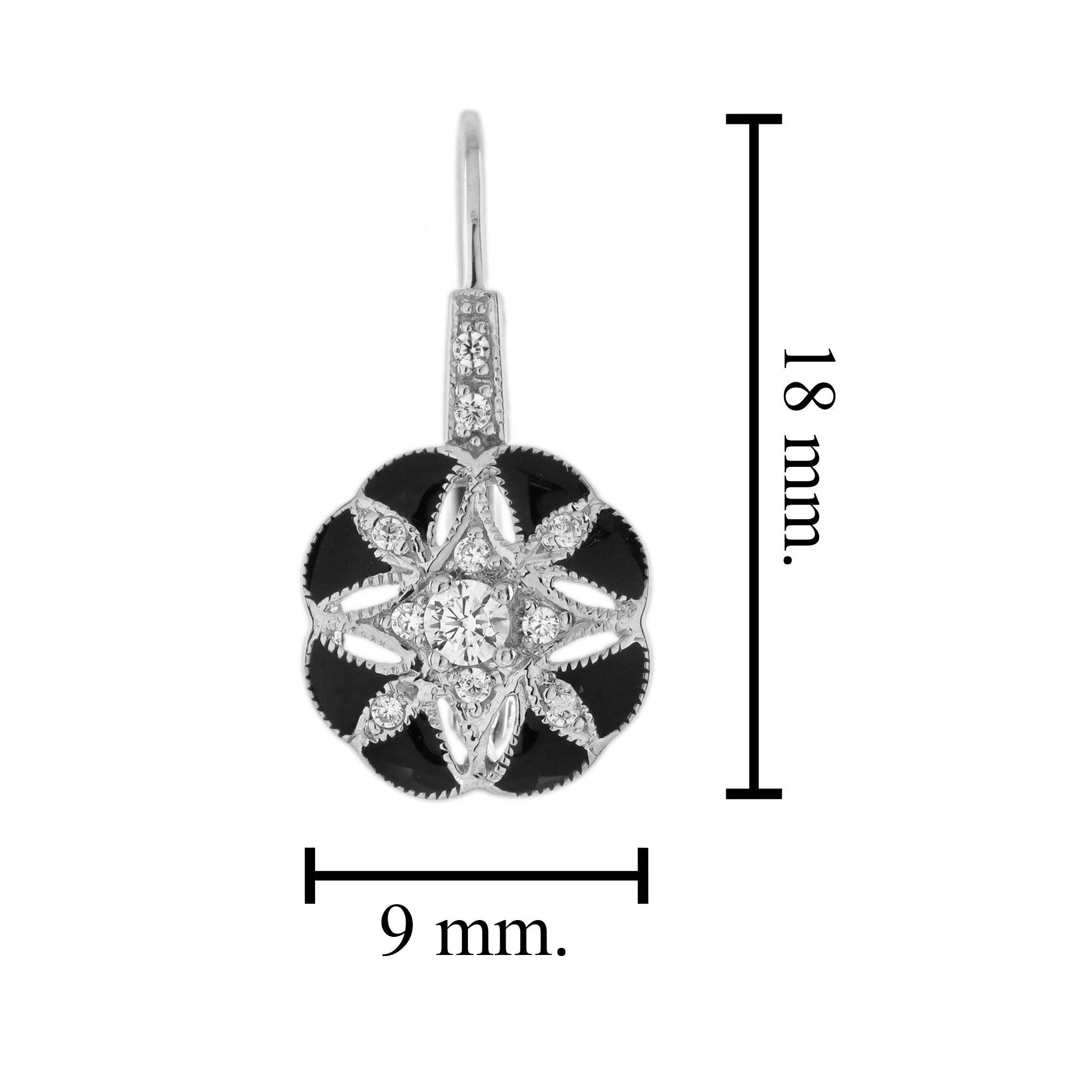 Taille ronde Boucles d'oreilles pendantes en or blanc avec diamants et émail noir, style Art Déco, fleurs florales en vente
