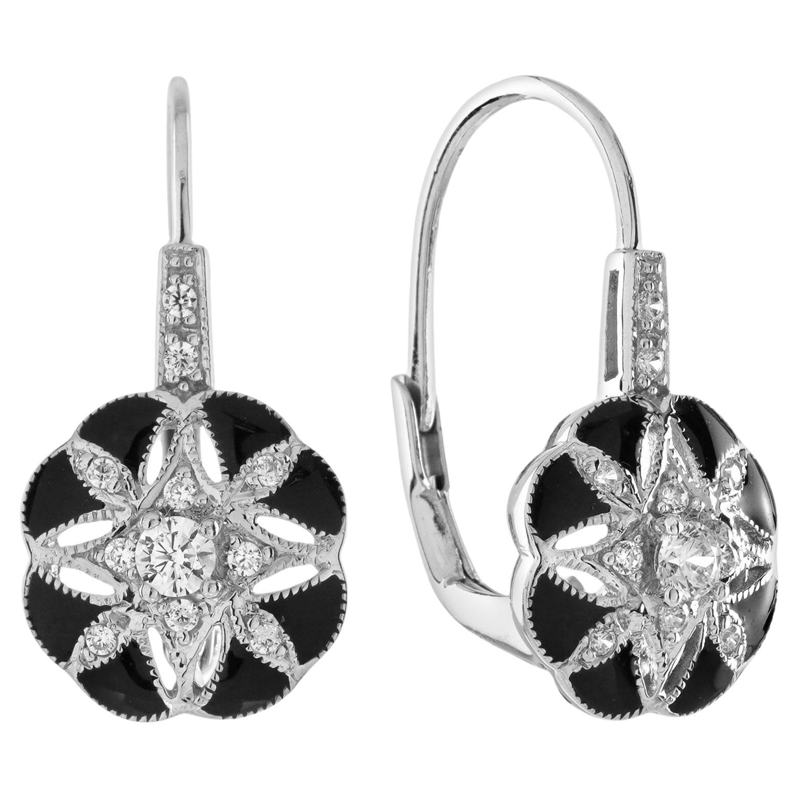 Boucles d'oreilles pendantes en or blanc avec diamants et émail noir, style Art Déco, fleurs florales
