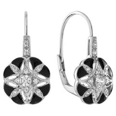 Pendientes Gota Oro Blanco Floral Estilo Art Decó Diamante y Esmalte Negro
