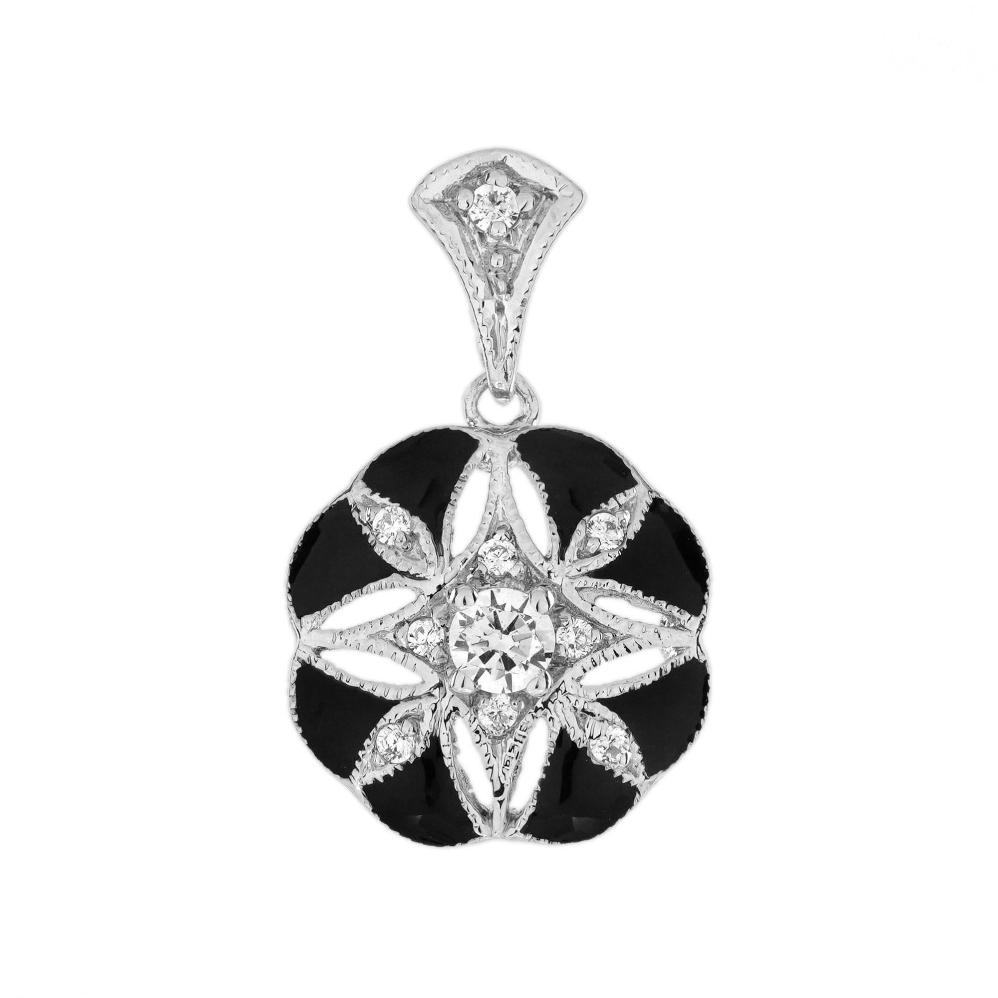 Diamant Schwarz Emaille Art Deco Stil Floral Halo Ohrring Ring & Anhänger Set im Angebot 1