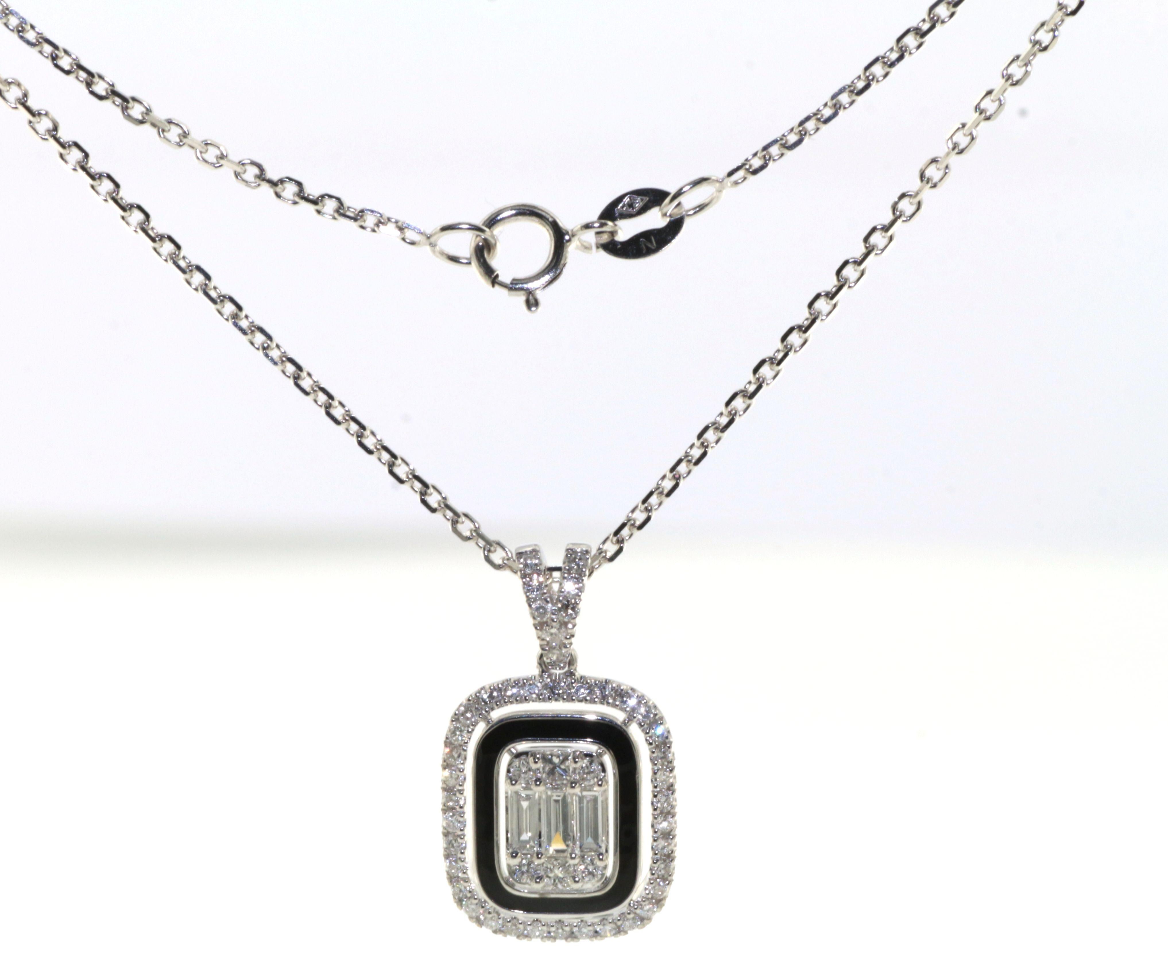 Baguette Cut Diamond Black Enamel Pendant with Chain