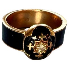 Diamond Black Enamel Ring Fleur de Lis