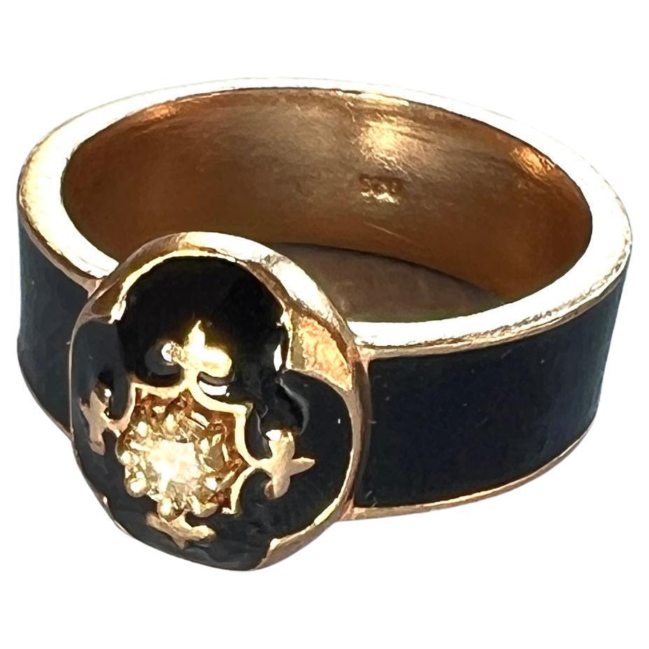 Single Cut Diamond Black Enamel Ring Fleur de Lis For Sale