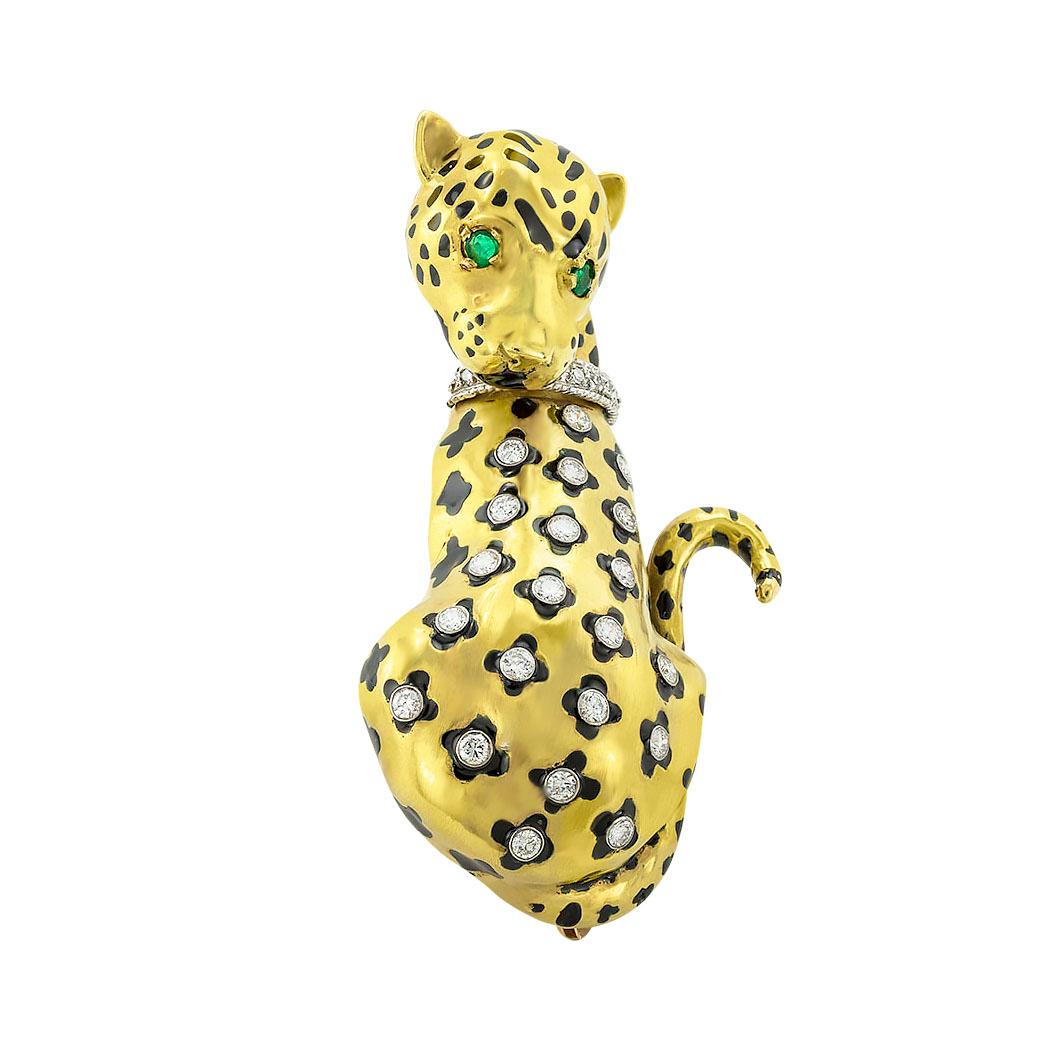 Modern Diamond Black Enamel Yellow Gold Leopard Brooch For Sale