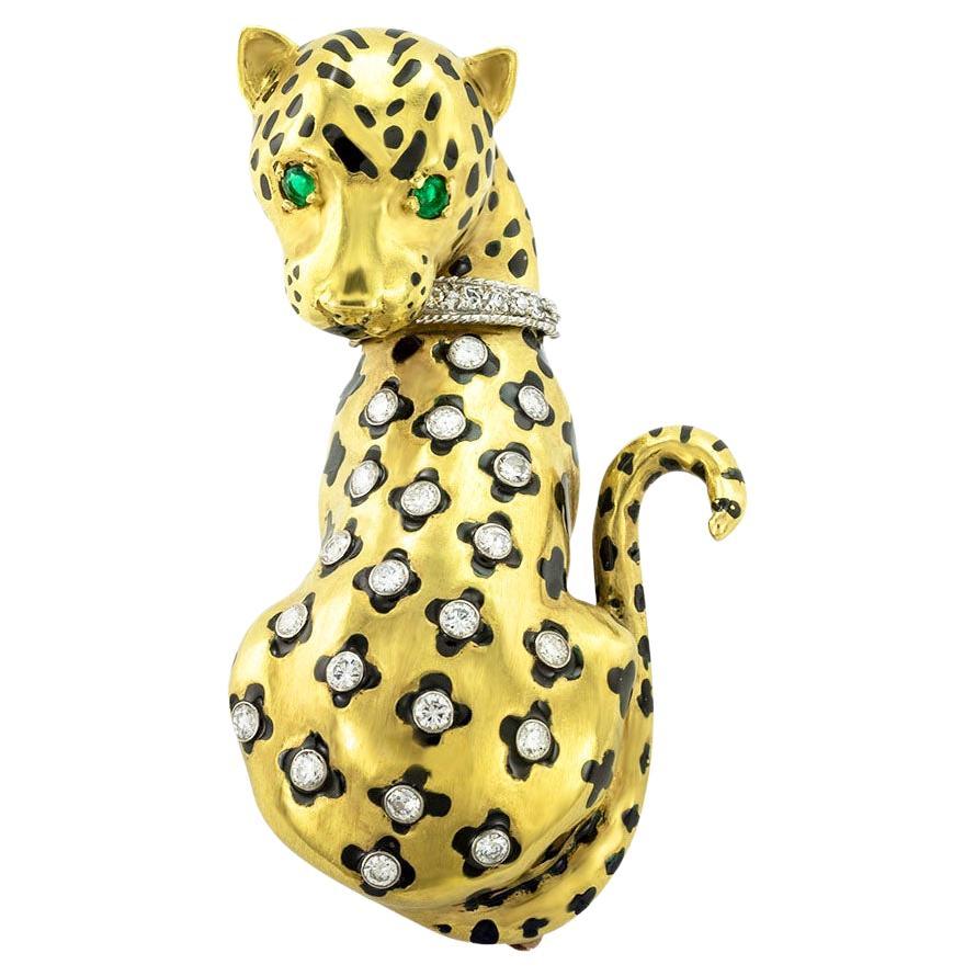 Diamond Black Enamel Yellow Gold Leopard Brooch For Sale