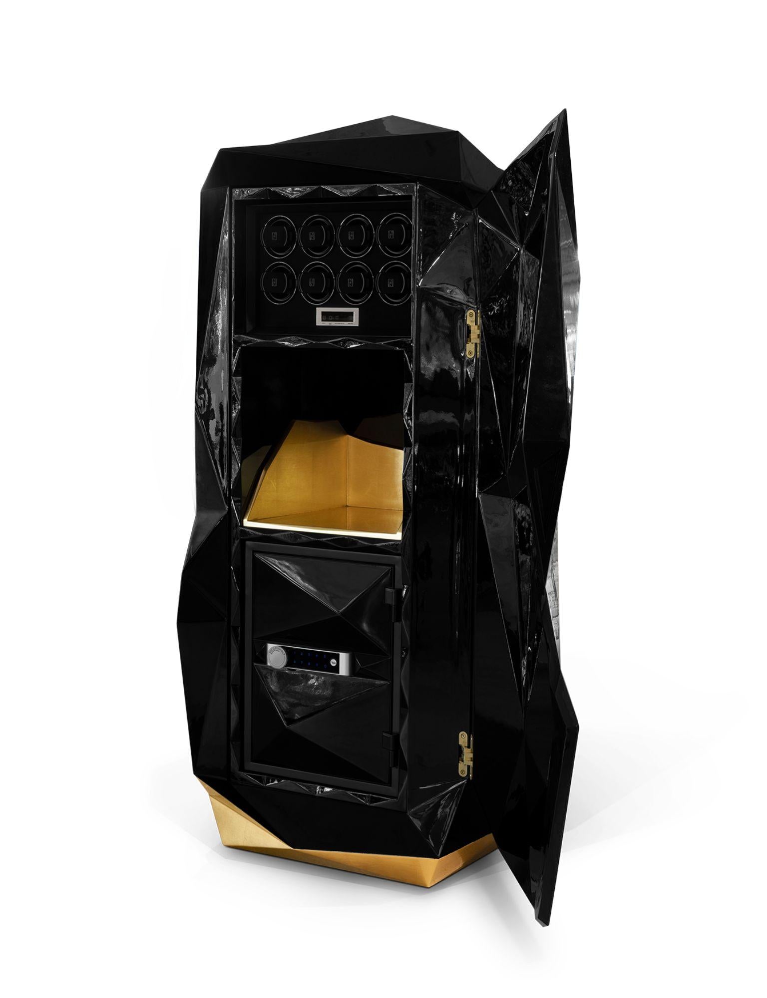 The Diamond floor safe reinterprets the quintessential diamond shape throughout contemporary design, a beautiful outcome of architectural thinking with elegant faceted lines. With a structure built in wood and finished in fine oriental black lacquer