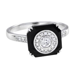 Diamond & Black Octagon Onyx Art Deco Style Halo Unique 14K White Gold Ring
