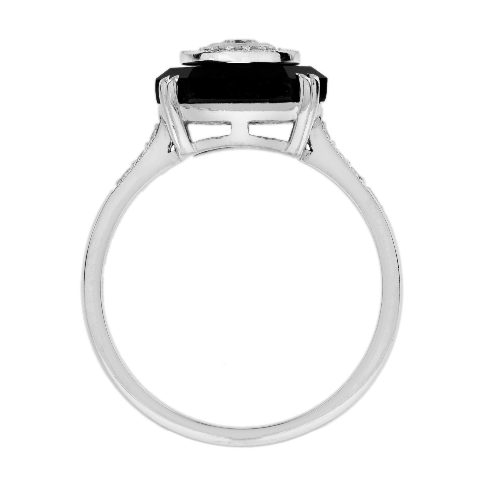 Anello con diamante e onice ottagonale nero in stile Art Deco con alone unico in oro bianco 14 carati In condizioni Nuovo in vendita a Oakton, VA
