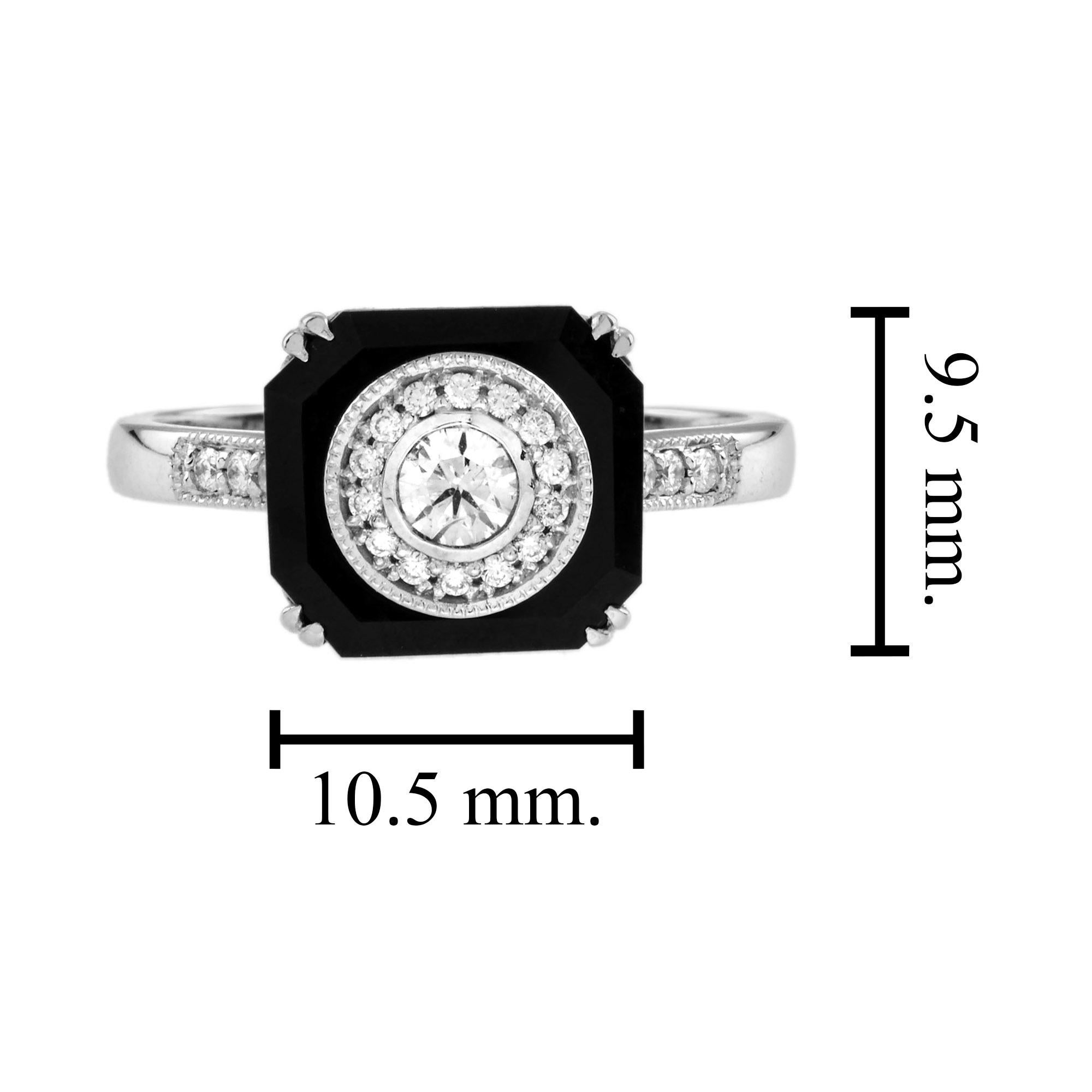 Donna Anello con diamante e onice ottagonale nero in stile Art Deco con alone unico in oro bianco 14 carati in vendita