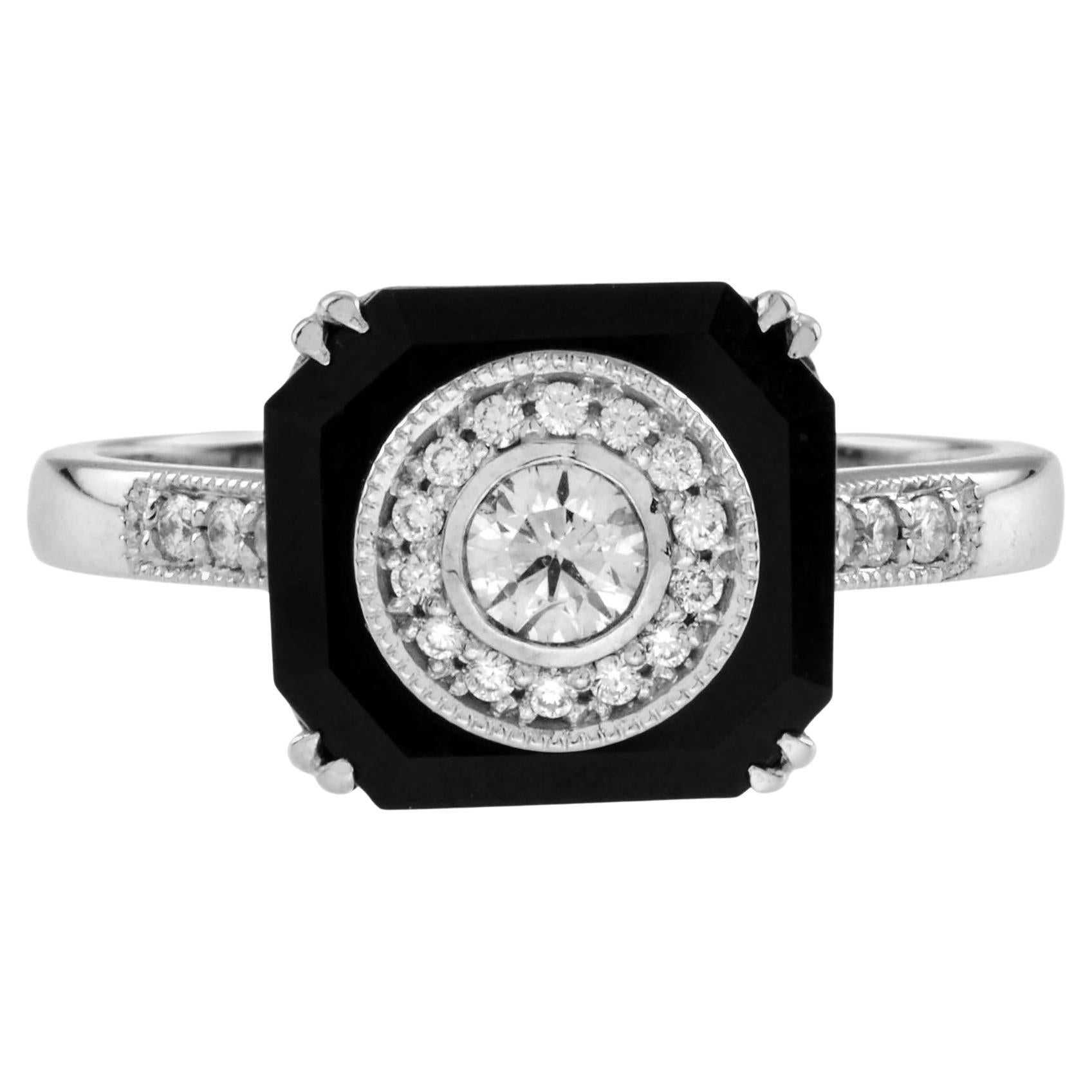 Anello con diamante e onice ottagonale nero in stile Art Deco con alone unico in oro bianco 14 carati in vendita