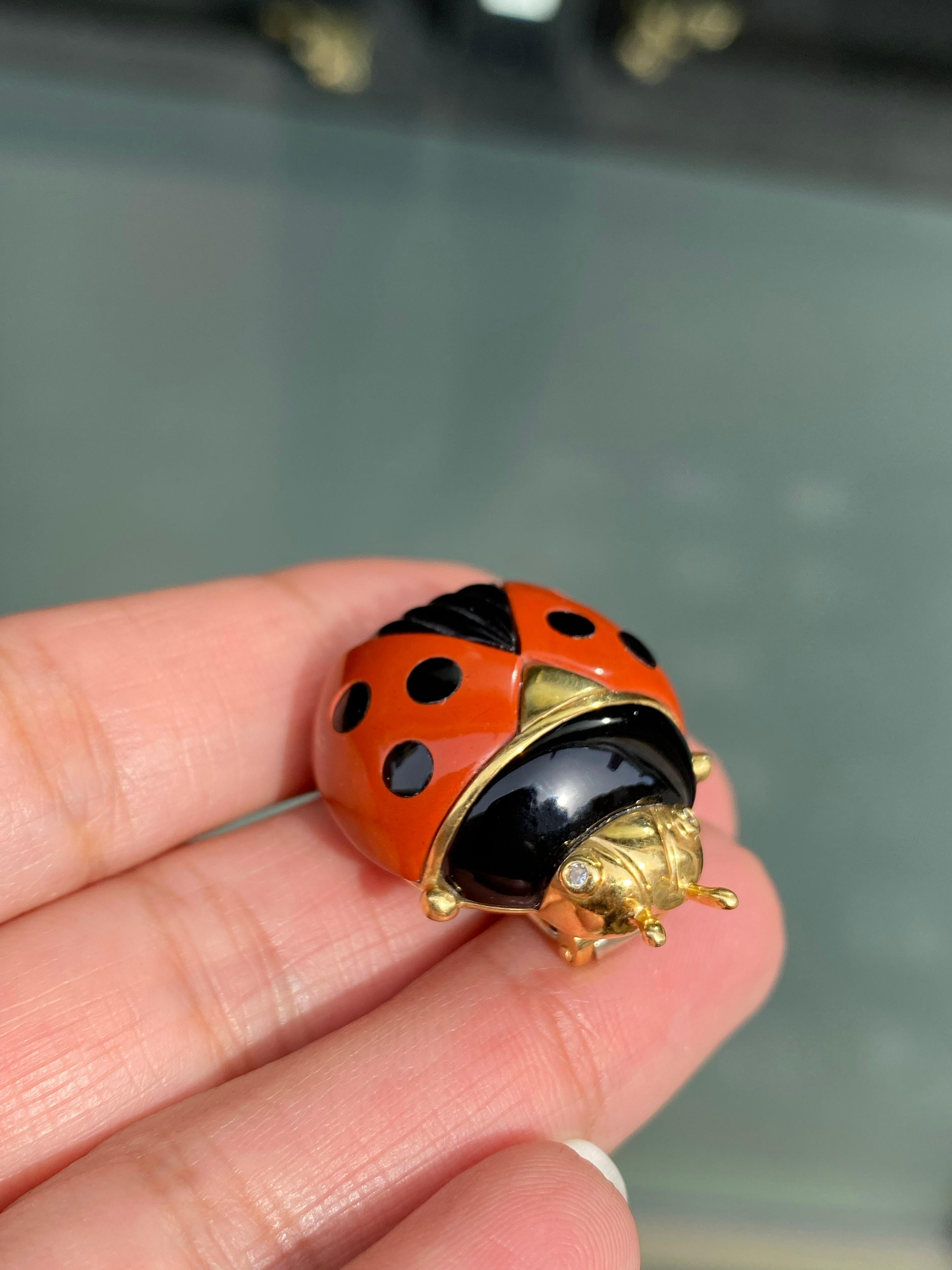 Women's or Men's Diamond, Black Onyx and Carnelian 18 Carat Yellow Gold Ladybird Clip Brooch For Sale