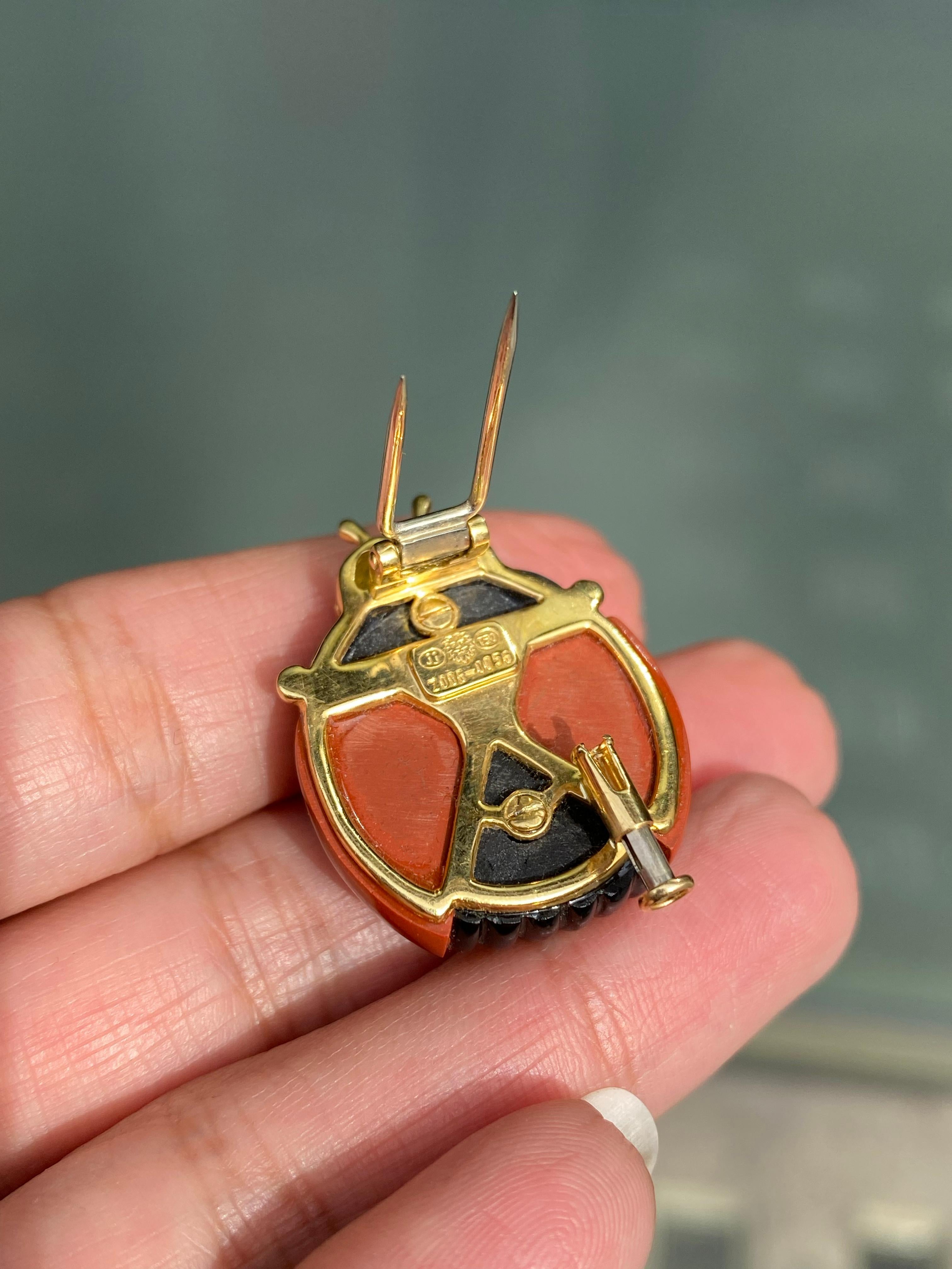 Women's or Men's Diamond, Black Onyx and Carnelian 18 Carat Yellow Gold Ladybird Clip Brooch For Sale