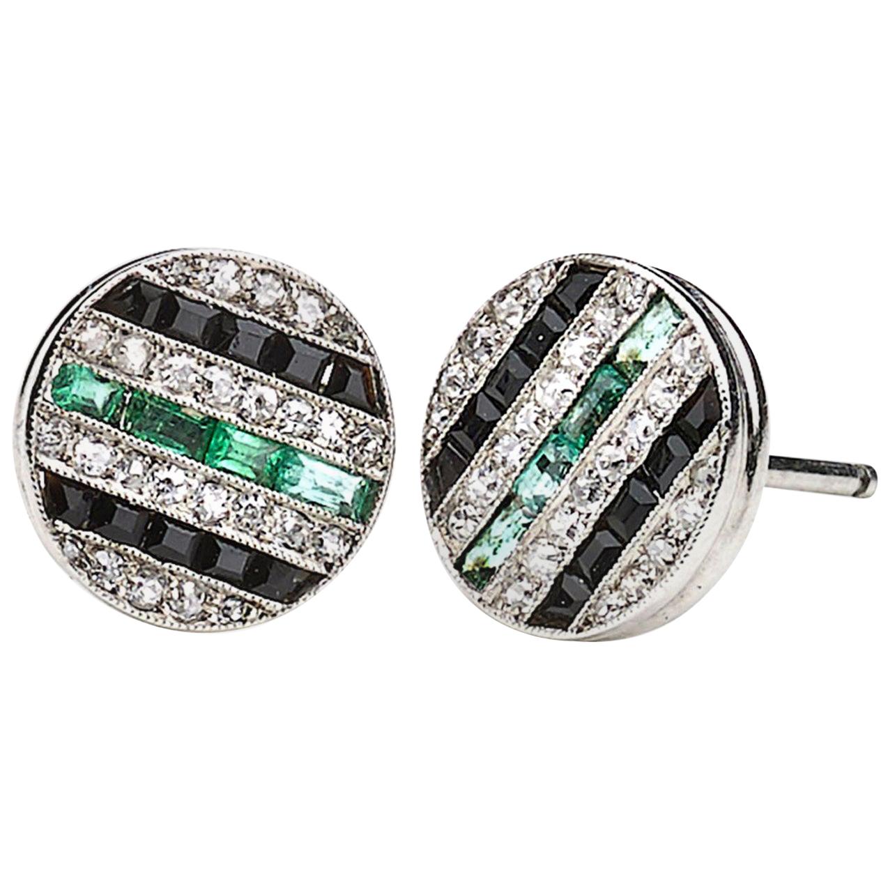 Diamond, Black Onyx and Emerald Stud Earrings