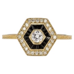 Diamond Black Onyx Art Deco Style Hexagon Cocktail Ring