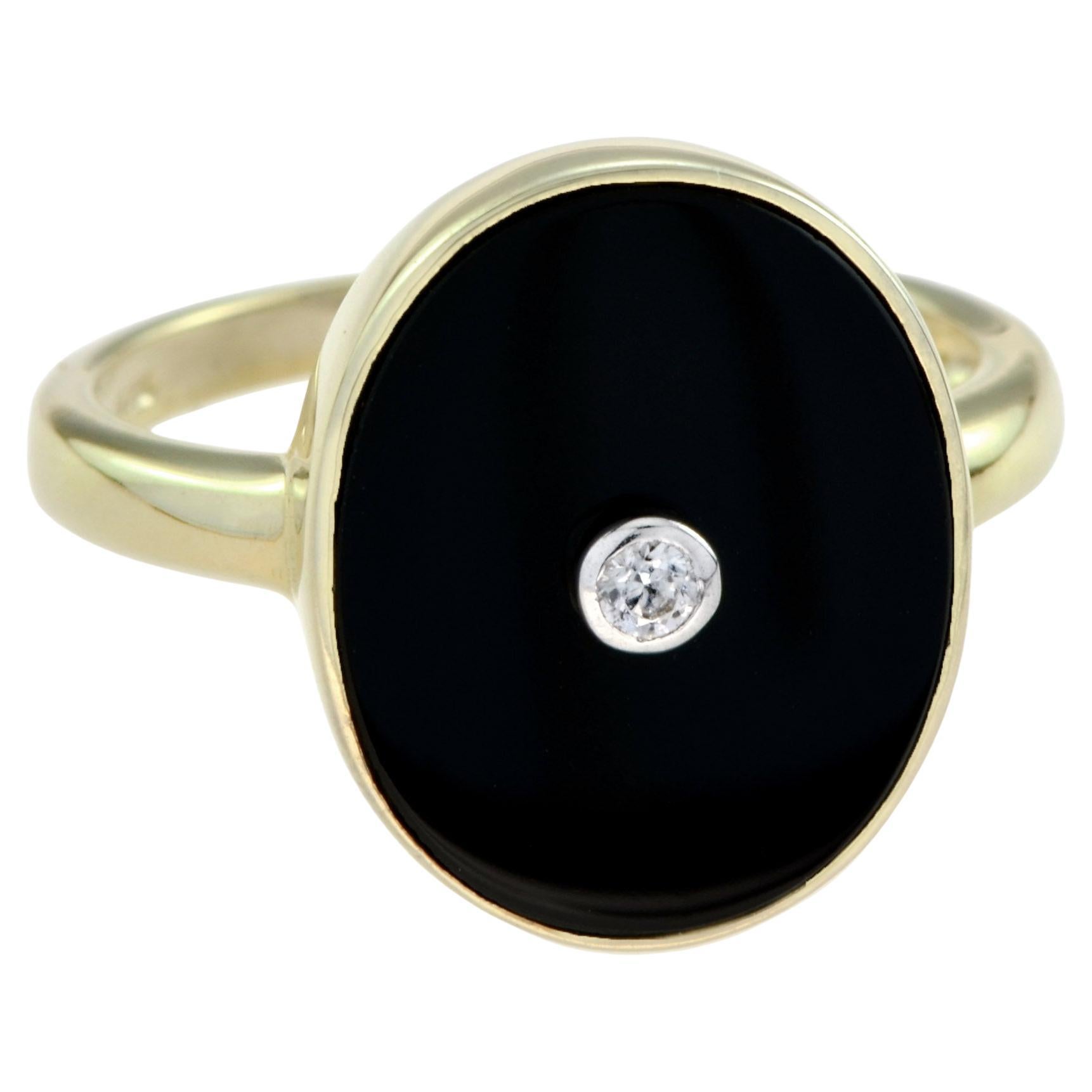 Diamond Black Onyx Art Deco Style Oval Shape 14K White Gold Ring