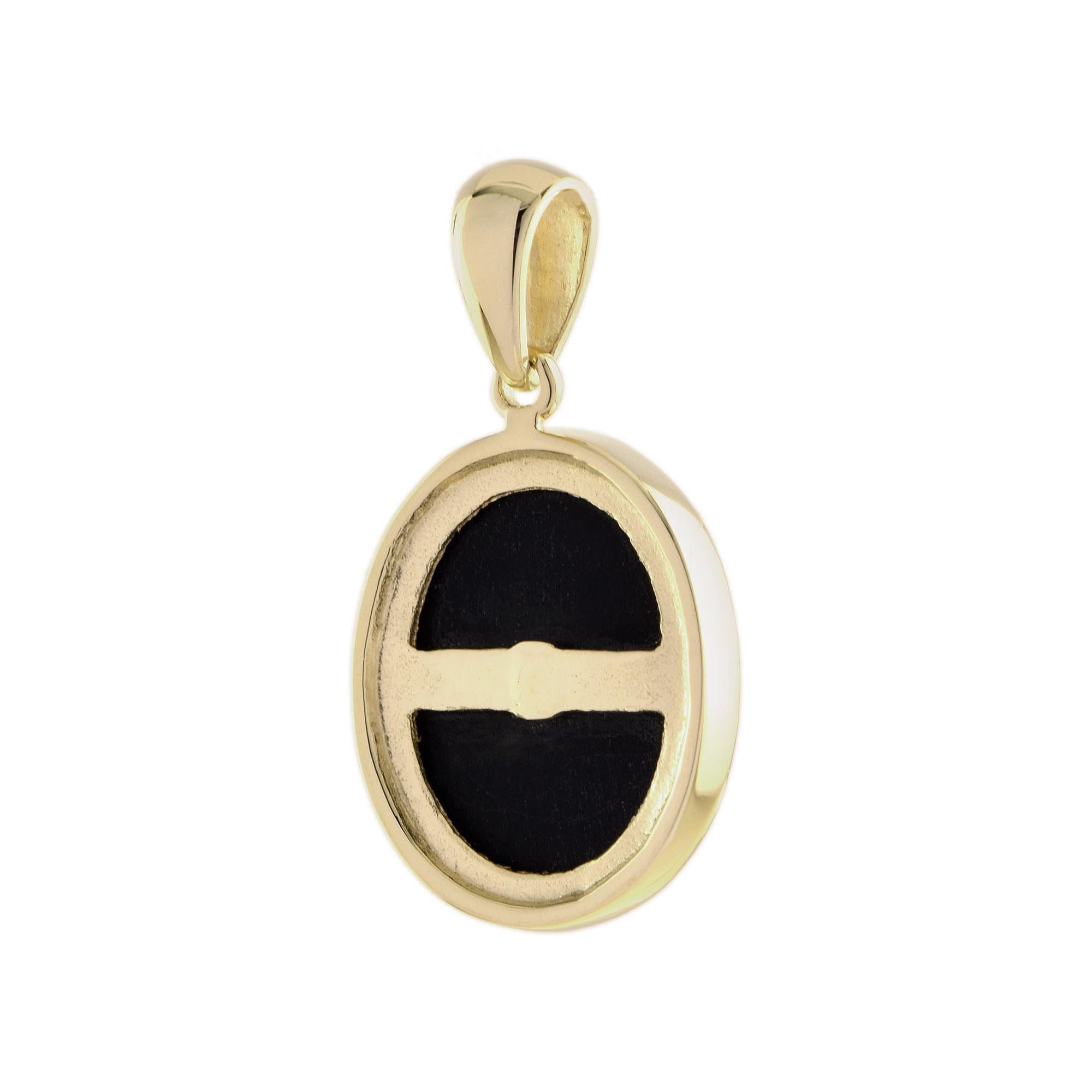 Round Cut Diamond & Black Onyx Art Deco Style Oval Shape 9K Gold Pendant For Sale