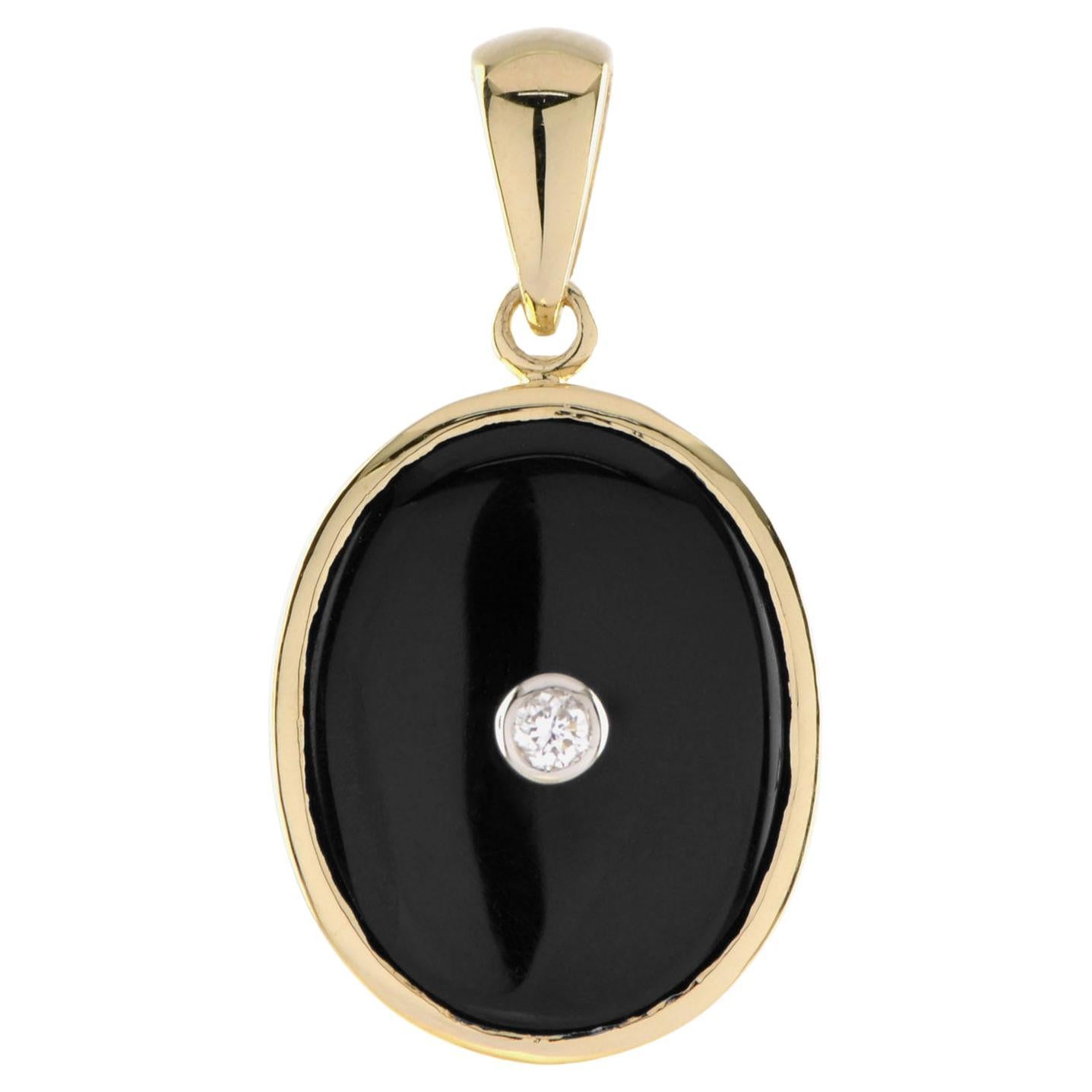 Diamond & Black Onyx Art Deco Style Oval Shape 9K Gold Pendant For Sale