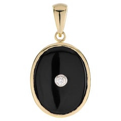 Diamond & Black Onyx Art Deco Style Oval Shape 9K Gold Pendant