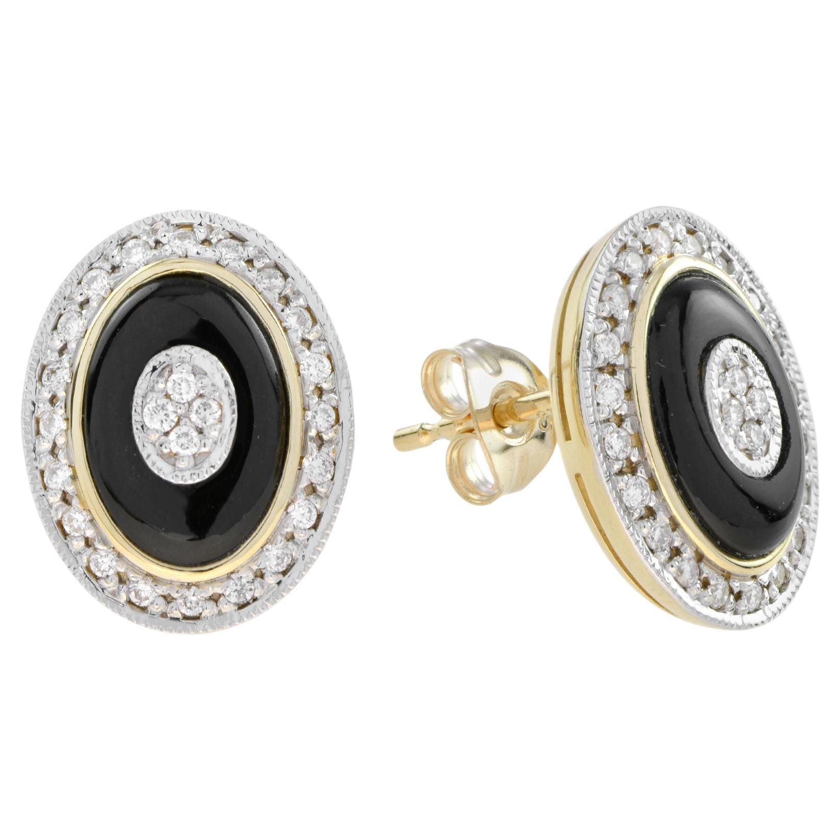 Diamond Black Onyx Art Deco Style Oval Shape Halo Diamonds Stud Earrings